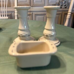 Longaberger Pottery Heirloom Traditions Blue Candlestick Holders & Mini Loaf